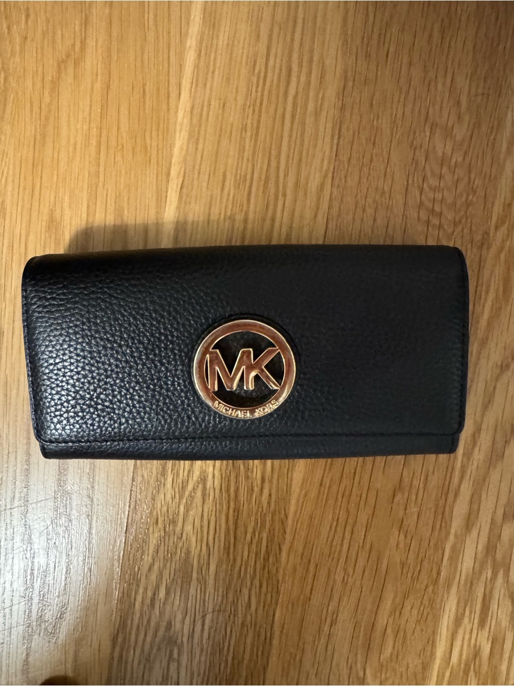 Michael Kors Black Pebbled Leather Continental Wallet with Gold Logo